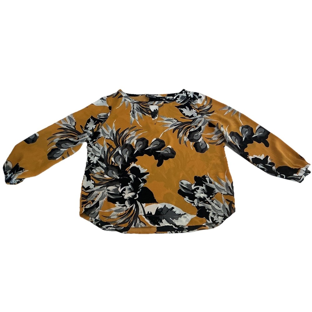New York & Co. Oversized Pullover Blouse Flared Sleeves Black Yellow Floral Sz L
